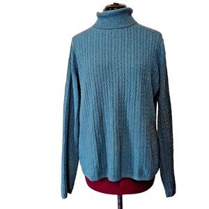 L.L. Bean Sweater Large L Teal Cashmere Blend Cable Knit Turtleneck Pullover